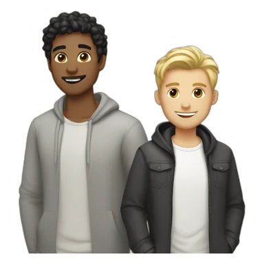 Gay couple, 1 guy Latino black straight black hair and 1 Australian white guy with blonde slightly curly hair holding a cat sticker