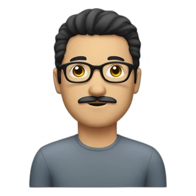 White guy with black hair, round glasses and moustache sticker