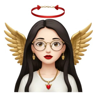 Angel girl with eyeglasses and long dark hair with red lipstick  and push gold necklaces and dark eyes with withe wings sticker