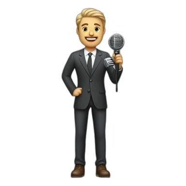 white journalist standing confidently while holding a microphone. The journalist should be in professional attire sticker