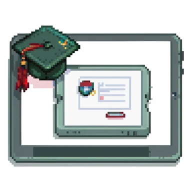 a graduation cap and diploma next to a tablet displaying an online course, pixel art style sticker