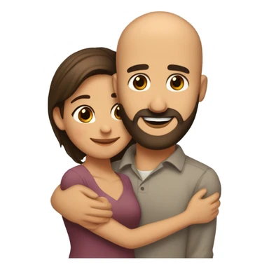Brown-haired Puerto Rican woman with dark brown eyes wearing a cute blouse giving comforting hug to short, bald man with brown eyes, laugh lines, and a beard sticker