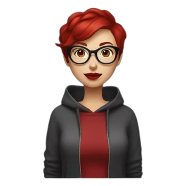 white woman with dark red pixie cut and big red glasses red lips wearing a dark red hoody sticker
