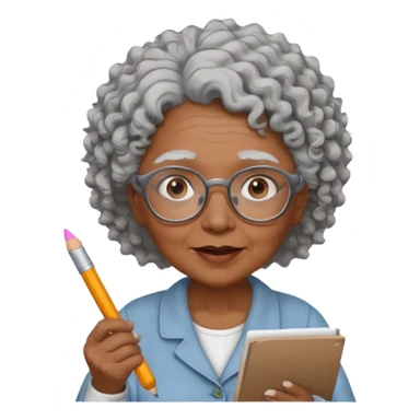 old woman teacher, brown skin, curly grey white hai, wearing glasses, hold chalk on hand sticker