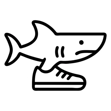 shoe-wearing shark, icon style, outlined, monochrome, high contrast, stylized for logo use sticker