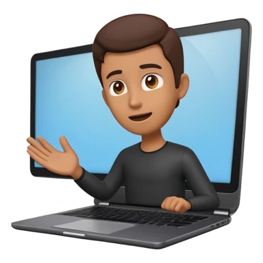 A dark-colored laptop with the screen open. From the screen, a person is emerging, giving a lecture or teaching. The person should look expressive and in a teaching pose. Soft shadows, semi-3D emoji style, clean background. sticker