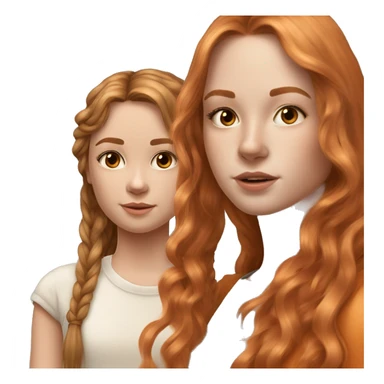 serene two girls. one has tan skin wavy brunette hair and the other has pale skin natural soft orange hair delicate fringe. standing together in gentle light. calm and content. hyper-realistic soft textures fine details glow on skin sticker