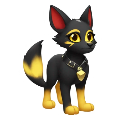 black Shiny Fionbri-Falvie-sparkle-sona with yellow eyes, red edgy markings full body fursona sticker