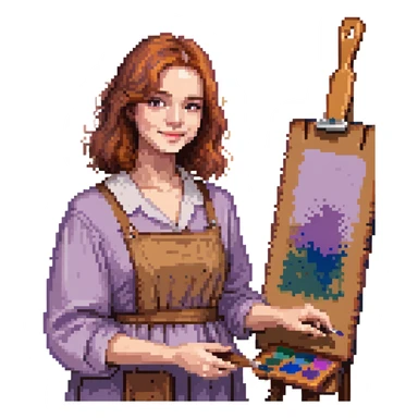 Serene female oil painter, Caucasian features, shoulder-length auburn hair, soft brown eyes, gentle smile, wearing a violet painter’s smock lightly stained with paint over a beige blouse, holding a wooden palette with vibrant colors in one hand and a brush in the other, waist-up, front-facing sticker