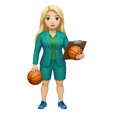 Full Body white plus size female basketball head coach using a clipboard with long blonde hair in a blue and green suit sticker