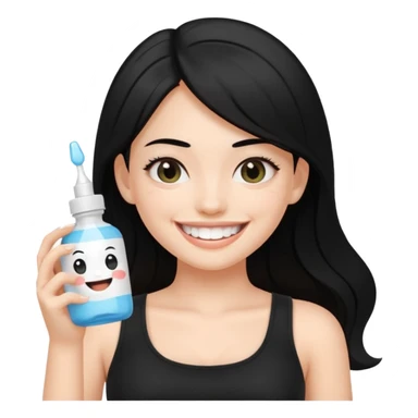 a fair-skinned girl with beautiful black hair, wearing a black crop top, smiling widely with very white teeth, holding a whitening serum bottle, Genmoji emoji style sticker