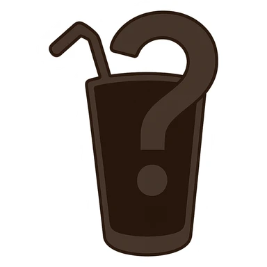 silhouette of a glass with a straw covered by a large question mark, flat toon style sticker