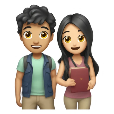 Cute Asian couple (girl with wavy long hair guy with short straight hair) excitedly traveling  sticker