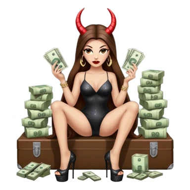 Sensual seductress long brown straight haired sexy drug lord woman with  glitter platform high heels on her feet,  and devil black horns on her head, holding a stack of cash, has a phone in other hand. Sitting on  Cases of drugs. Evil  sticker