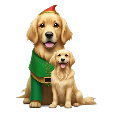 A golden retriever stands proudly Side by Side with and elf  sticker