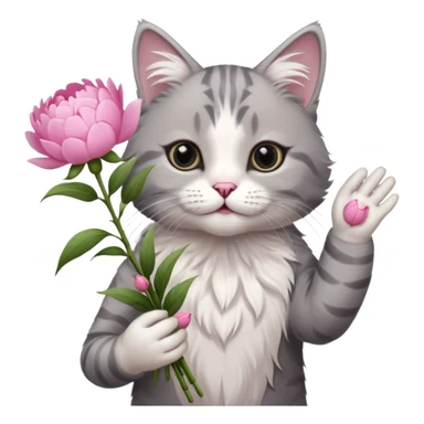 Cute cat Handing pink peonies like reaching a hand and handing them out a bouquet of them not a physical hand the cats hand  make the cat fluffy and grey and white fluffier sticker