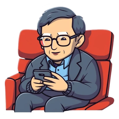 Stephen Hawking with glasses sitting on a couch playing a mobile phone game sticker