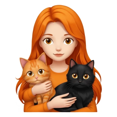 A long-haired girl holding a black cat and an orange long haired cat sticker