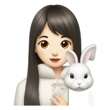 korean girl with long hair bangs holding white rabbit sticker