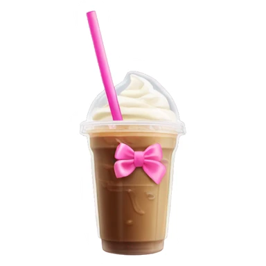 a iced coffee in a plastic up with cream blended in and a pink bow cover on the clear straw  sticker