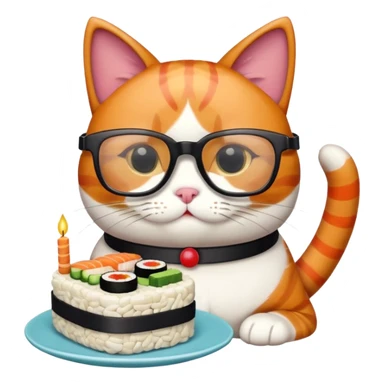 cat with cool square shaped glasses eating a birthday cake made out of sushi sticker
