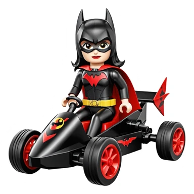 Hot full size real size-appearance electric road racing sexy BatWoman’s feminine midnight-colored tight outfit sixty’s tv show Lego dark stealthy sporty safe plush petite off-road pursuit cruiser car rose gold accents (black hair,reclined and relaxed torso and shoulders seating position) go kart  sticker