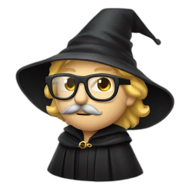 A man with blond hair and a mustache, wearing a black squared shaped eye glasses, wizard hat, black  robe sticker