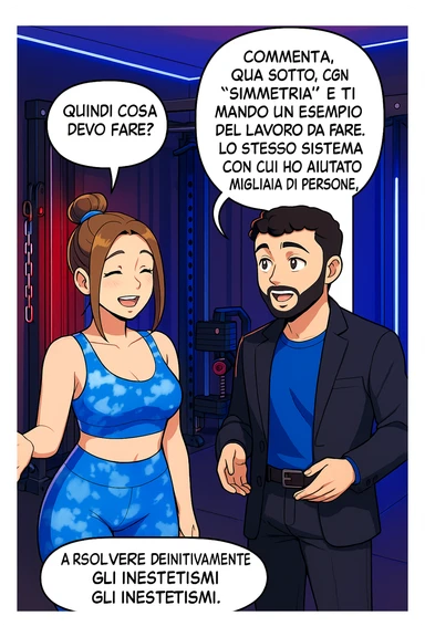 TRASFORMA QUESTO CAROSELLO IN UN FUMETTO STILE WEBTOON/MANGA A COLORI CON QUESTE DUE PERSONE IDENTICHE CHE INTERLOQUISCONO TRA LORO, LA DONNA SEMBRA SOLLEVATA/SODDISFATTA E CONTENTA:

LEI (DONNA): Quindi cosa devo fare?
LUI (UOMO): Commenta, qua sotto, con “simmetria” e ti mando un esempio del lavoro da fare. Lo stesso sistema con cui ho aiutato migliaia di persone, fra cui centinaia di donne a risolvere definitivamente gli inestetismi. sticker