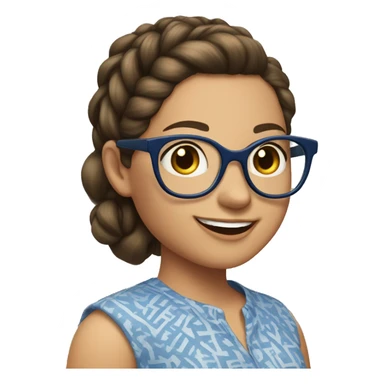 Girl with a short pony tail brown hair, large glasses, big smile, wearing a blue pattern blouse  sticker