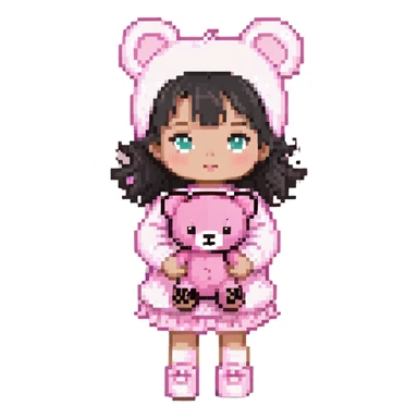 cute toddler girl with pastel pink clothes holding a pink teddy bear sticker