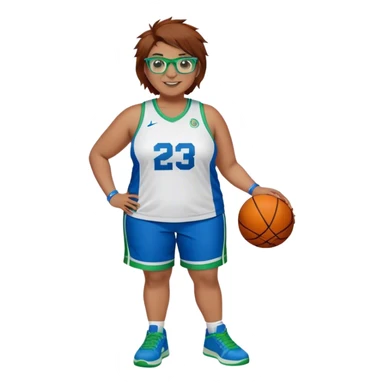 Full Body plus size white female basketball player with short medium brown hair with carmel highlights spikey hair wearing blue glasses 
 wide nose wearing blue green uniform  green sneakers smiling wearing silver hoop earrings sticker