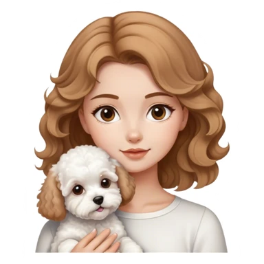 una chica con el cabello marrón claro ondulado y blanca con un perrito bichon maltes sticker
