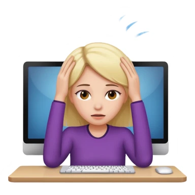 A girl is in front of a computer and is holding her head. sticker