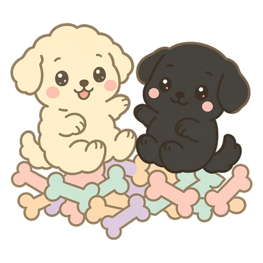 Change the small dog to a true black color, keeping the kawaii chibi style and transparent background. Leave the large dog and the pile of colorful bones unchanged. sticker