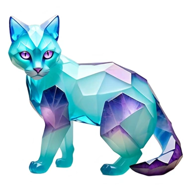 This fascinating hybrid creature combines the rocky ferocity of Boulderbite with the mystical elegance of Etherfeline. The result is a creature with a core body composed of angular, faceted stones in varying shades of turquoise, pink and gray. From the cracks between these stones emanates a soft blue ethereal glow. It has the general shape of a feline, but with crystalline rock formations creating its limbs and body. Its large, expressive eyes feature purple irises with amber outer rings, giving it a hypnotic gaze. The creature sports pointed ears lined with purple crystal formations, and a tuft of blue flame-like energy flows from its head and along its spine. Its tail is a flexible chain of smaller rocks wrapped in the same ethereal blue energy. When it opens its mouth, sharp crystalline teeth are revealed, though its expression is more mysterious than threatening. Small whisker-like energy tendrils extend from its muzzle, occasionally emitting tiny ice crystals. full body sticker