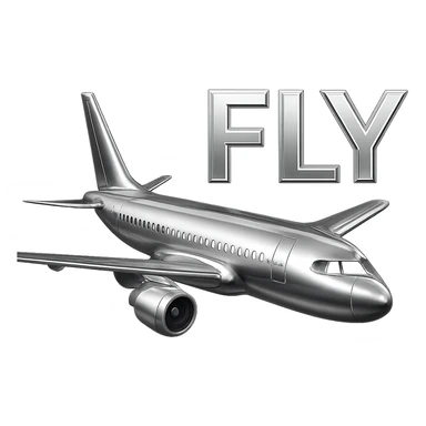 airplane at high altitude with FLY text in chrome letters, chrome style sticker
