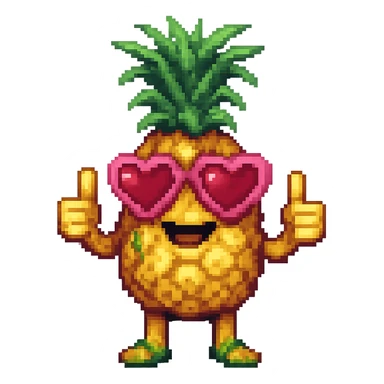 Edit the pineapple emoji in pixel art style to have heart-shaped sunglasses, keep it smiling and giving a thumbs up, no background. sticker