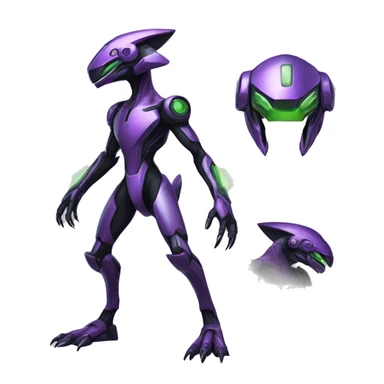 a shiny black-purple-green Genesect-Raptor-Fakémon—hybrid with a futuristic visor-helmet full body sticker