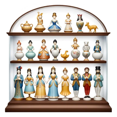 Icon for Porcelain Figurine Collecting: a collection of delicate porcelain figurines, such as animals, dancers, and historical characters, displayed on a shelf or in a display case. The icon should convey the elegance and artistry of collecting porcelain statues. Transparent background. sticker