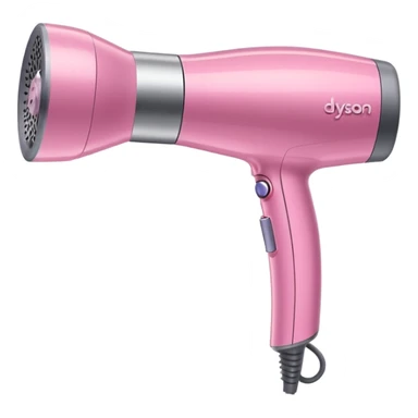 A pink Dyson Supersonic hair dryer, slight angle, realistic style, Features the distinctive hollow circular head with the barrel running through the center, sleek modern design, glossy pink finish with metallic silver accents on the nozzle ring. Compact proportions , clean lines, slight shading  sticker