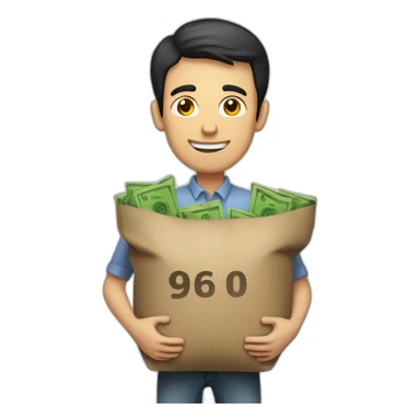 tall skinny white man with short dark hair carrying two sacks with dollar signs on them sticker