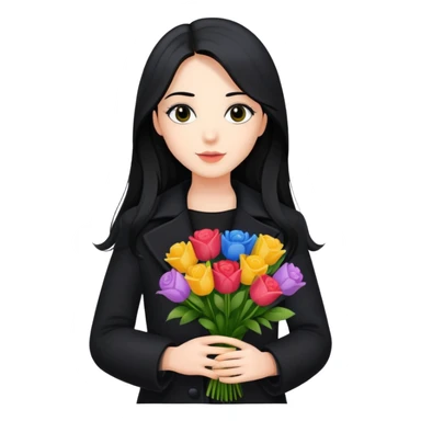 beautiful girl with long black hair wearing a black coat holding a bouquet of flowers sticker