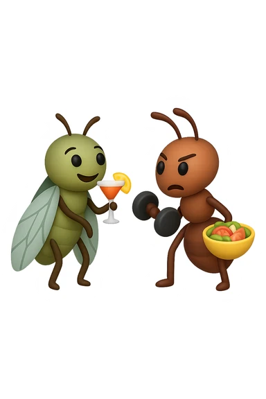 EMOJI STILE IPHONE 3D DI una cicala e una formica che parlano tra loro, la formica ha nella mano destra un manubrio da palestra e nella nella mano sinistra una bowl di insalata, la cicala invece ha un cocktail in mano, la cicala prende in giro la formica, non fare i fumetti però sticker