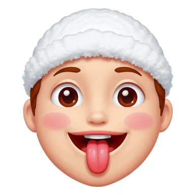Someone got hit with a snowball and has snow on their face but is happy and smiling with their tongue out but their eyes are red sticker