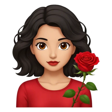 Olive Brown eyes black wavy hair red rose backround red top  sticker