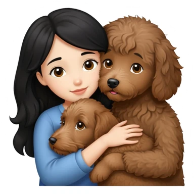 a girl with medium long black hair, hugging a little brown coated labradoodle. sticker