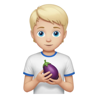 blonde boy with blue eyes with t shirt "I love Marek" and eggplant sticker