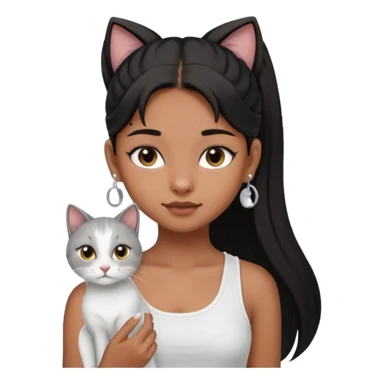 An brown skin Teenager girl with brown eyes, long black hair in one high ponytail, with a white crop top holding her grayish-white cat, and small silver earrings sticker