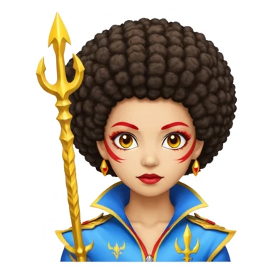 Emoji metisse femboy mais plus masculin avec drapeau ukrainien arriere plan, un afro, sourcils rouge, fourche trident, et eclairs et sur fond bleu clair irrisé. Peau lightskin, yeux marron et cheveux marron bouclés mais en mode afro pixi cut sticker
