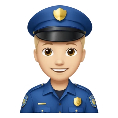 This is a cartoon-style avatar of a police officer with light skin, wearing a dark blue cap featuring a silver badge, and showing a smile expression. sticker